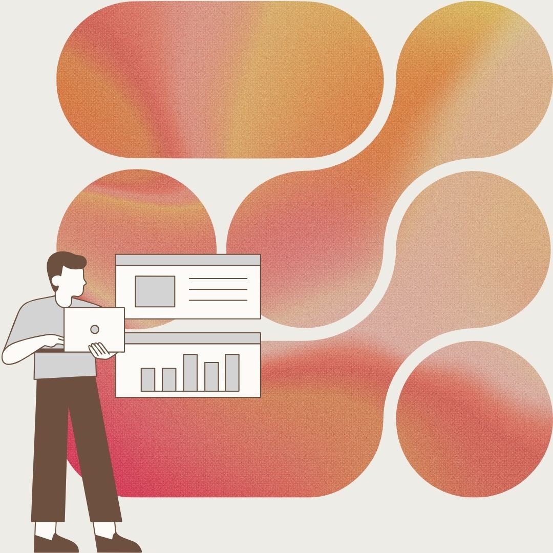 graphic of person showing graphs from computer