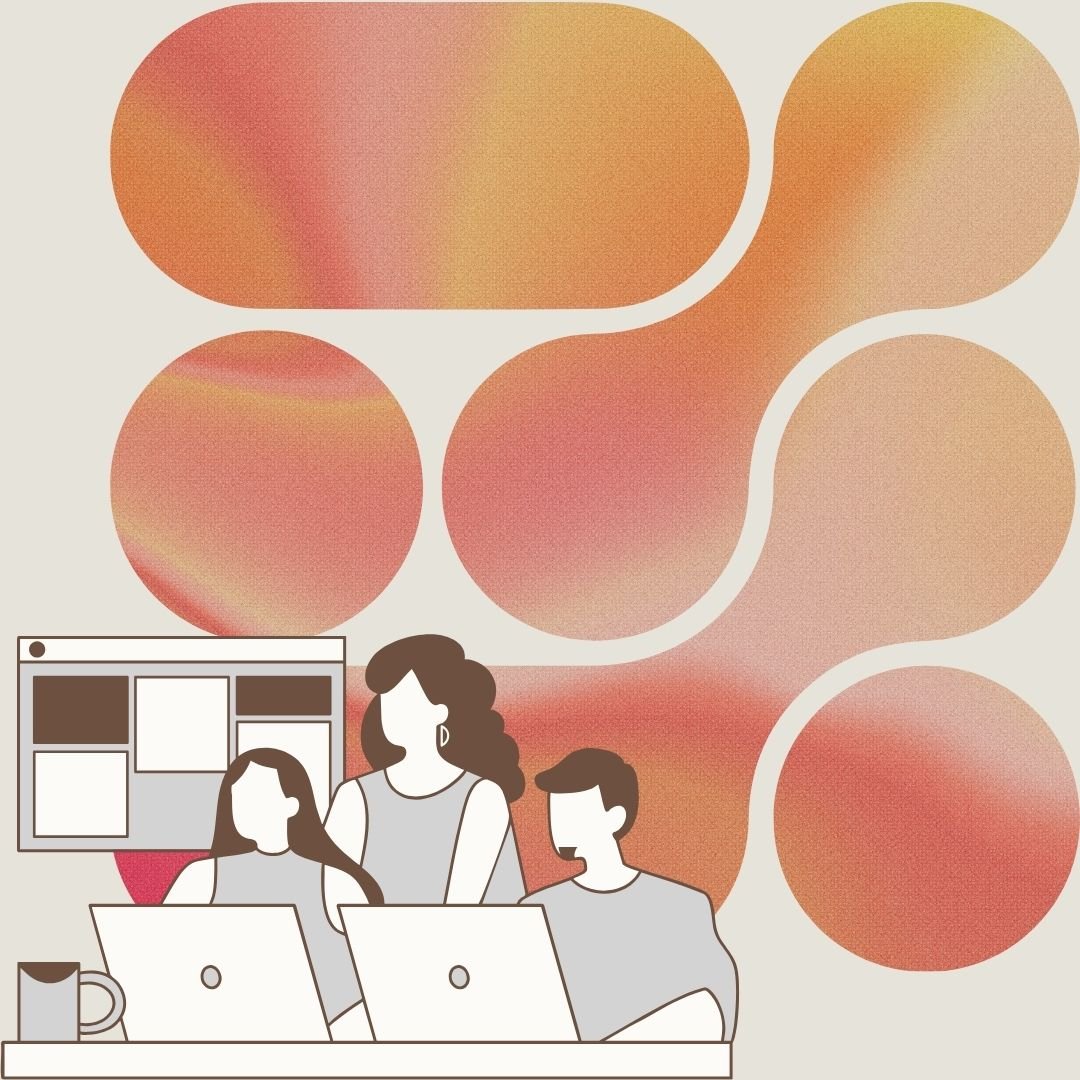 graphic of three people working