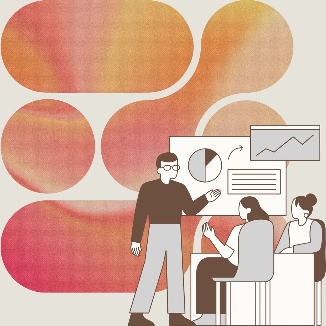 graphic of a person presenting a pie chart